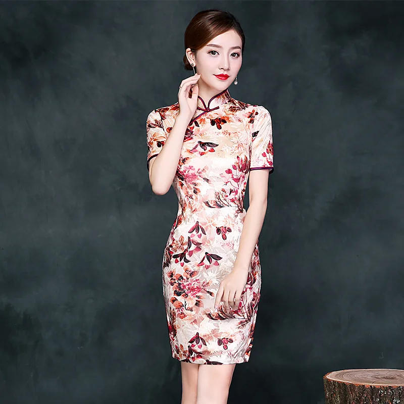 2018 Winter Velvet Cheongsam Sexy Qipao Pink Traditional Chinese Dress ...