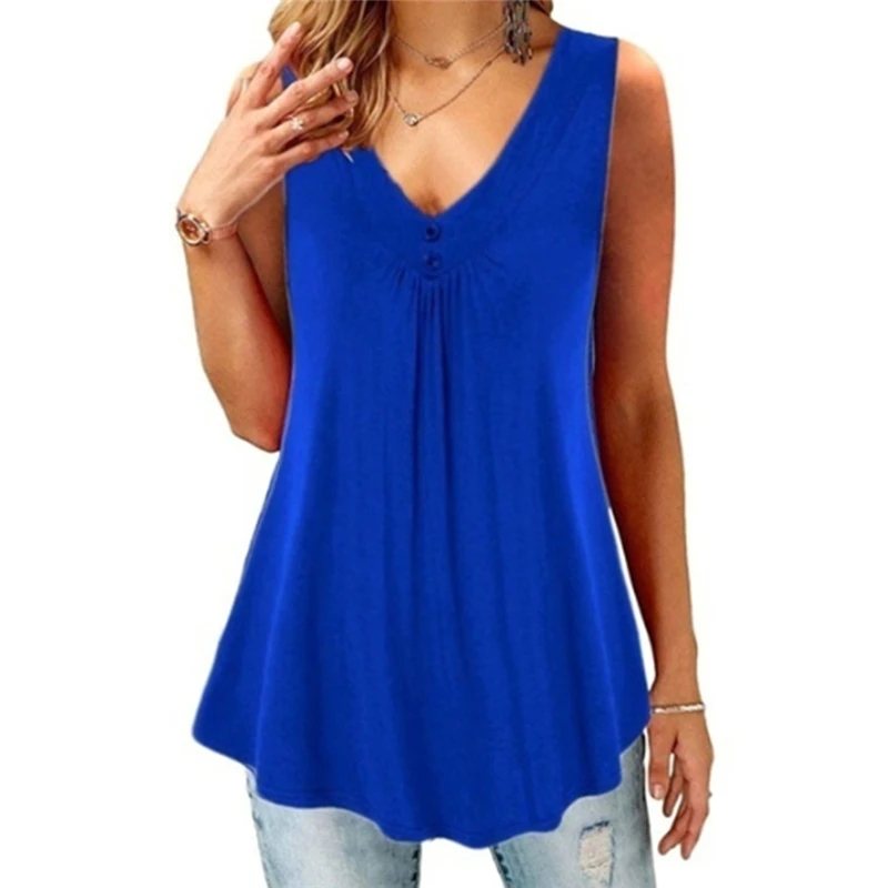 Royal blue Модная Летняя женская майка, сексуальный v-образный вырез, без рукавов, футболка, одноцветная, плиссированная, на пуговицах, свободные, женские жилеты-топы, футболки для женщин - Цвет: Royal blue