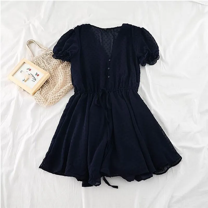 

Women Polka Dot Chiffon Wide Leg Shorts Rompers Korean Short Sleeves Beach Overalls Sashes Loose Casual Summer V Neck Playsuits