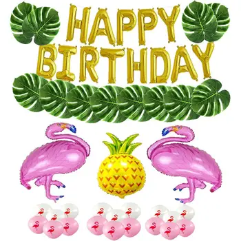

36pcs/set HAPPY BIRTHDAY Party Decoration Aluminum Foil Flamingo Ballons with Tropical Palm Leaves Hawaii Theme Party Supplies