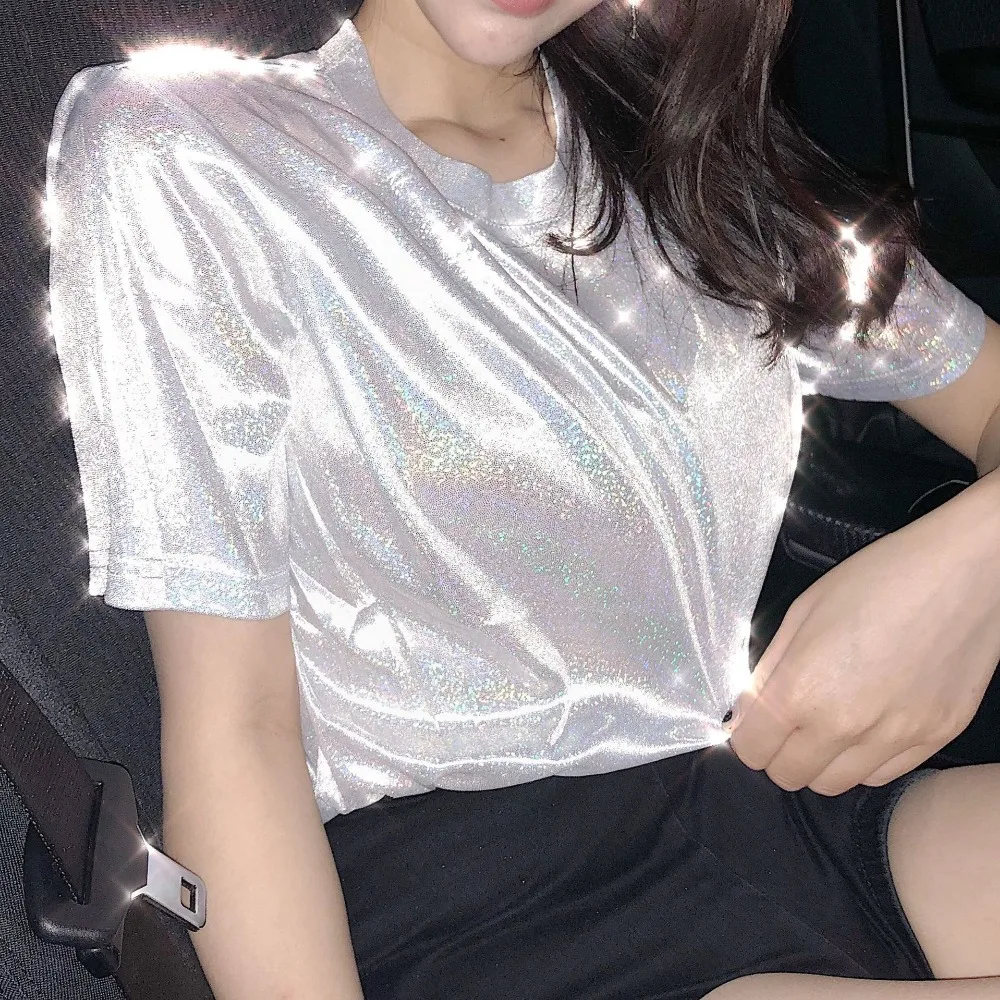 

C1376 2019 new Hot style summer women's fashion loose round collar sparkly reflective short sleeve T-shirt cheap wholesale