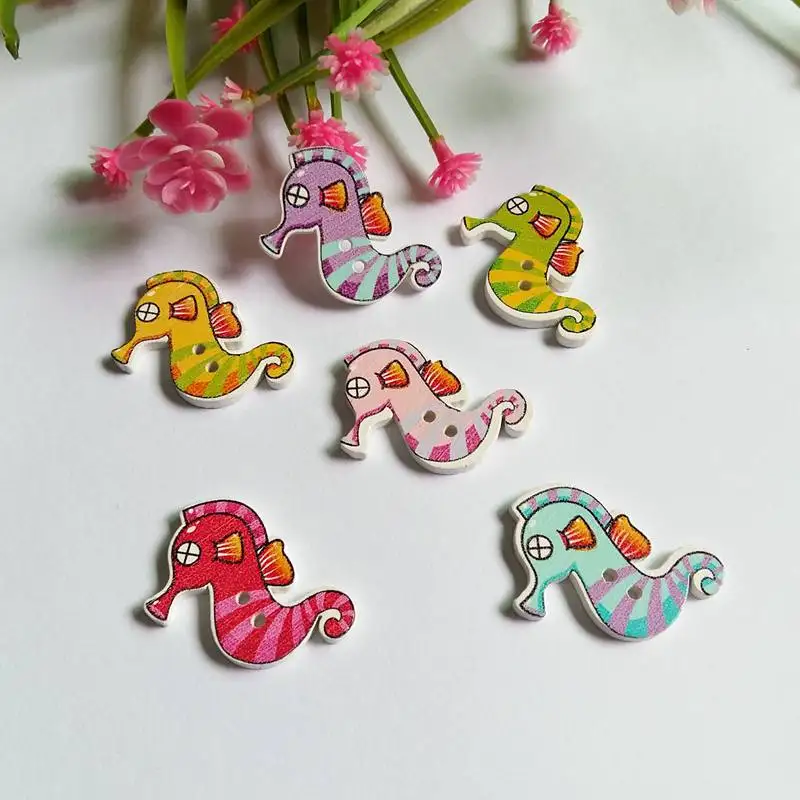 

40pcs Mixed Seahorse Painting Wooden decorative Buttons For Sewing Handmade Scrapbooking for Crafts Supplies 25x27mm