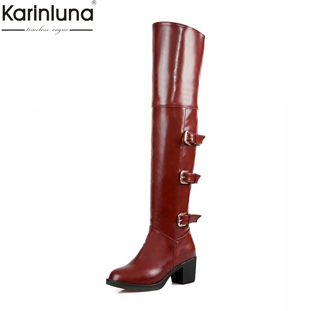 

KarinLuna 2018 Fashion square high Heels riding boots women's Shoes Woman Boots female buckles over the knee high Boots Woman