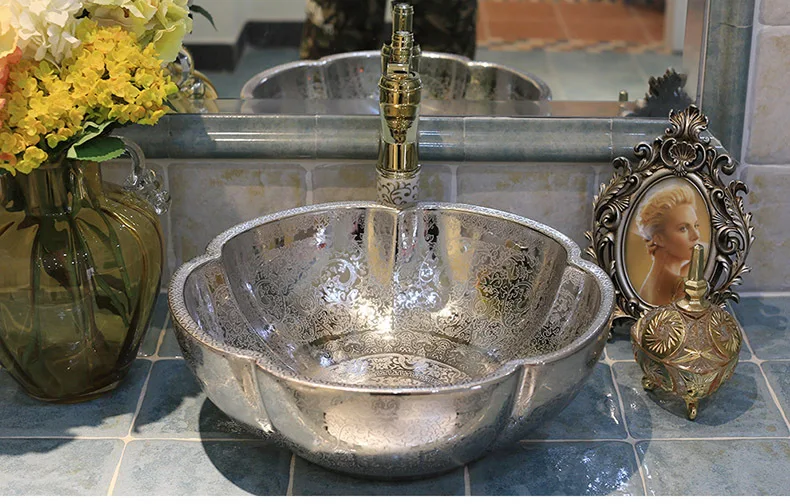 Художественная чаша для умывальника Роскошная тисненая Серебряная Изысканная раковина для ванны фарфоровая Керамическая умывальник