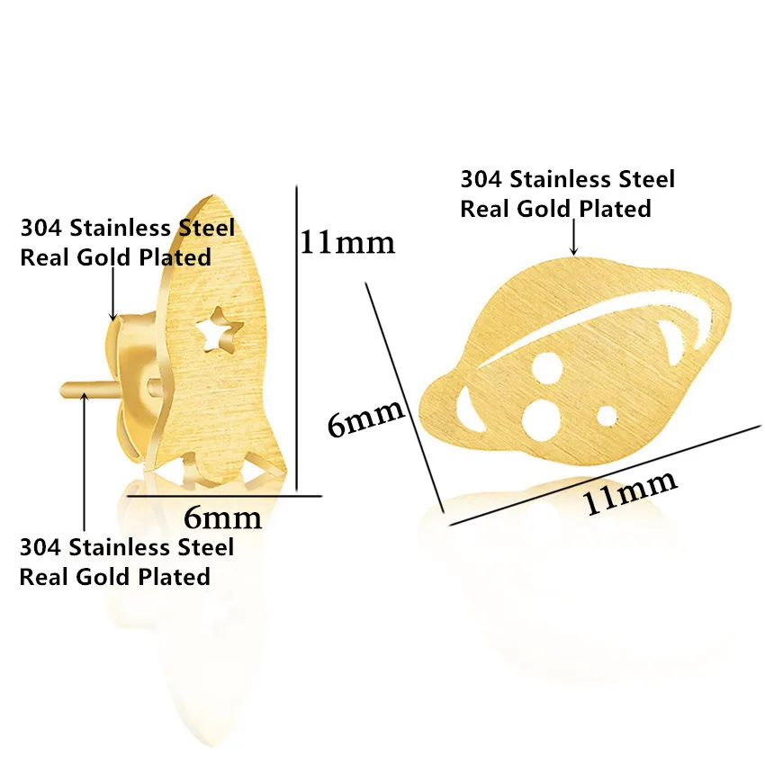 Stainless Steel Planet Saturn & Rocket Spaceship Stud Earrings For Women Space Galaxy Jewelry Best Friend Gift Ideas Bff Brincos
