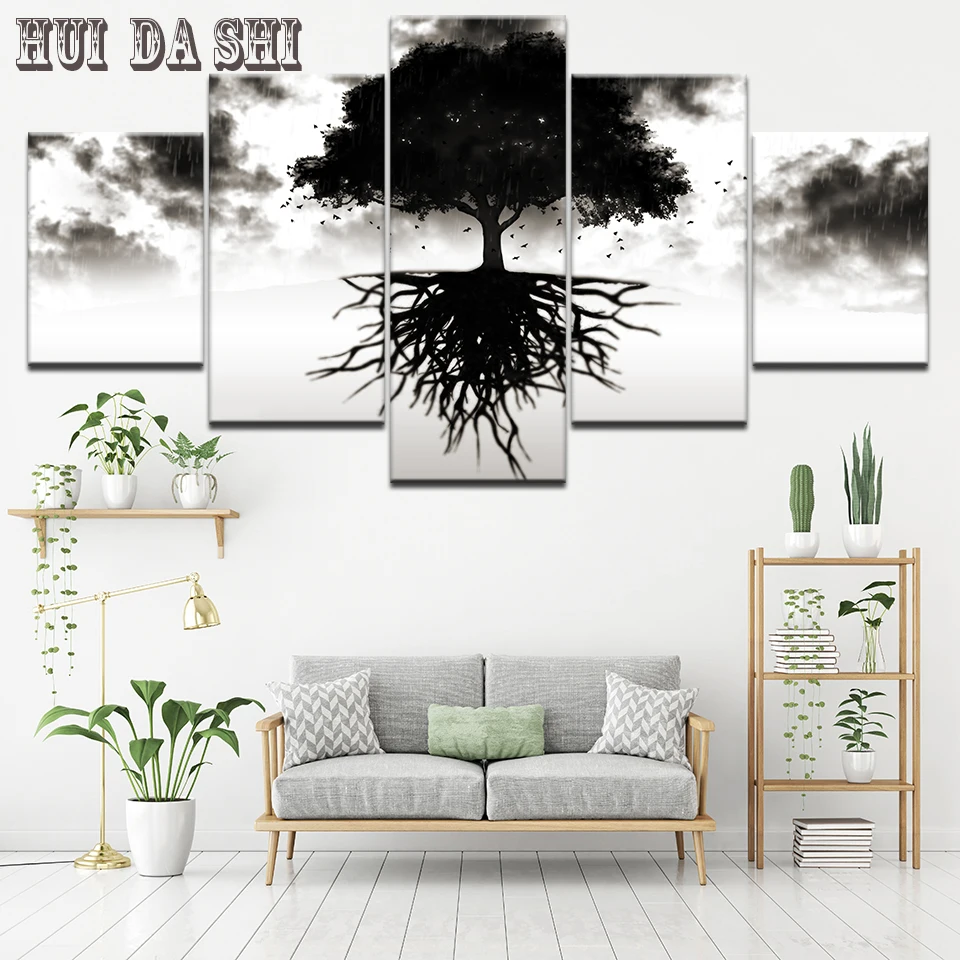 Home Decor HD Prints Wall Art Trees Pictures 5 Pieces Black White Grey Psychedelic Forest Landscape Canvas Paintings Framework | Дом и сад