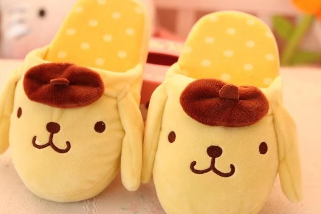 

candice guo! Super cute cartoon pom pom purin yellow pudding dog plush toy warm slipper women gift 1pair