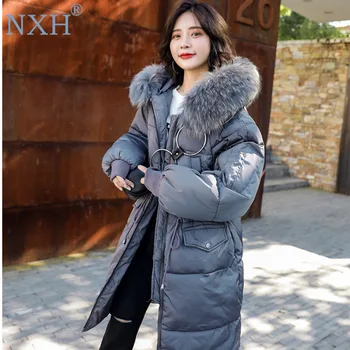 

NXH 2018 Women's winter long jacket korea style female thick coat with fur parka women Multicolor Good quality bright streetwear