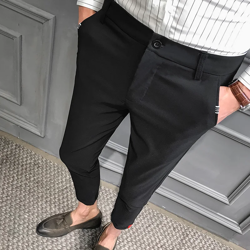 New Summer Mens Pants Luxury Black Grey Solid Color Men Skinny Pants Ankle-length Pants Hight Quality Casual Trousers For Men