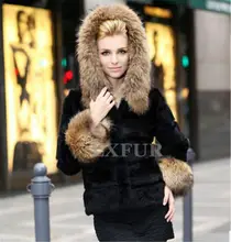 Classic Womens Real Sheared Rabbit Fur Coat with Raccoon Fur Hoody Lady Winter Warm Hooded Black Jackets Outerwear LX00059