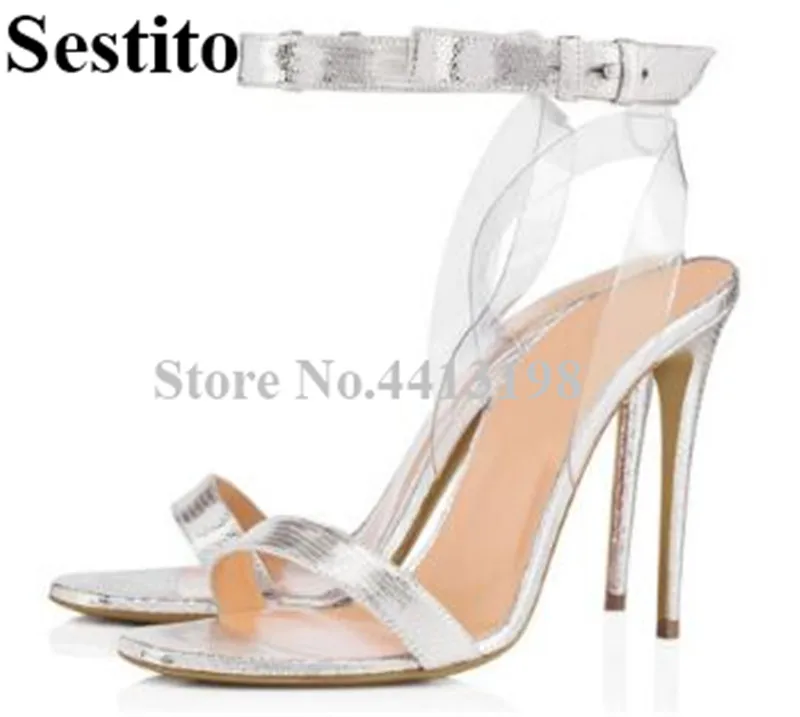 

2019 New European Gold Silver Casual PVC Solid Shoes Peep Toe Super High Thin Heel Sandals Ankle Buckle Strap Summer Women Shoes