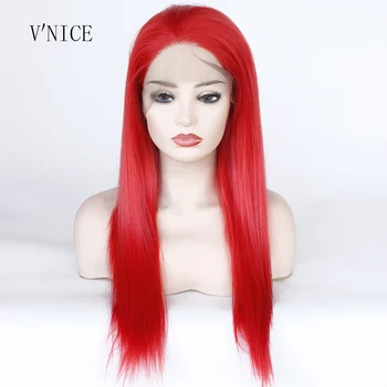 

High Temperature Fiber Hair Red Color Straight Cosplay Wig Middle Part Medium Length Synthetic Lace Front Party wigs for Women