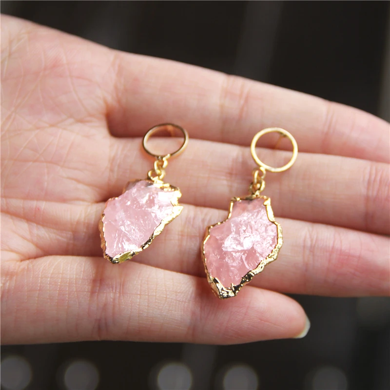 

High Quality Semiprecious Stone Woman Drop Earring Gold Boundary Statement Oval Pink Quartz Nugget Dangle Earring Women Jewelry