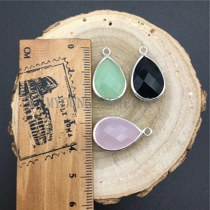 MY0636 Multi Color Faceted Teardrop Shape Glass Pendant Charm Bezel Silver Edge and Bail  (2)