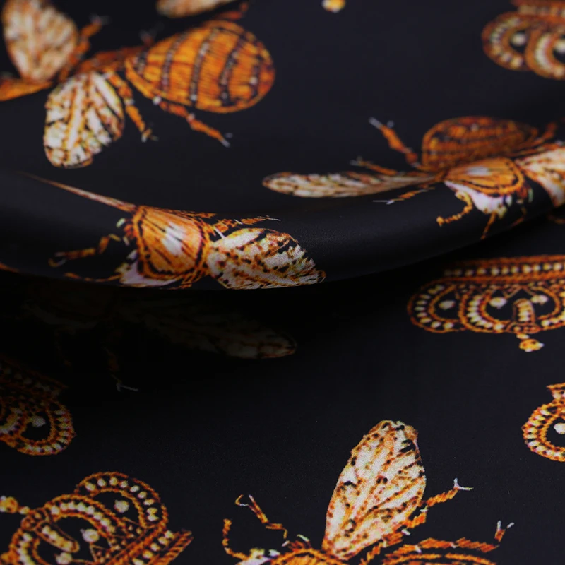 Новые насекомые печати стрейч шелковый атлас Ткань метра ширина 42 дюйма