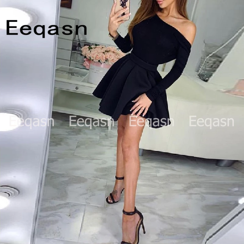 Short Cocktail Dress Long Sleeve Black One Shoulder Woman Prom Stretch Satin Evening Semi Formal Party Dresses for Wedding