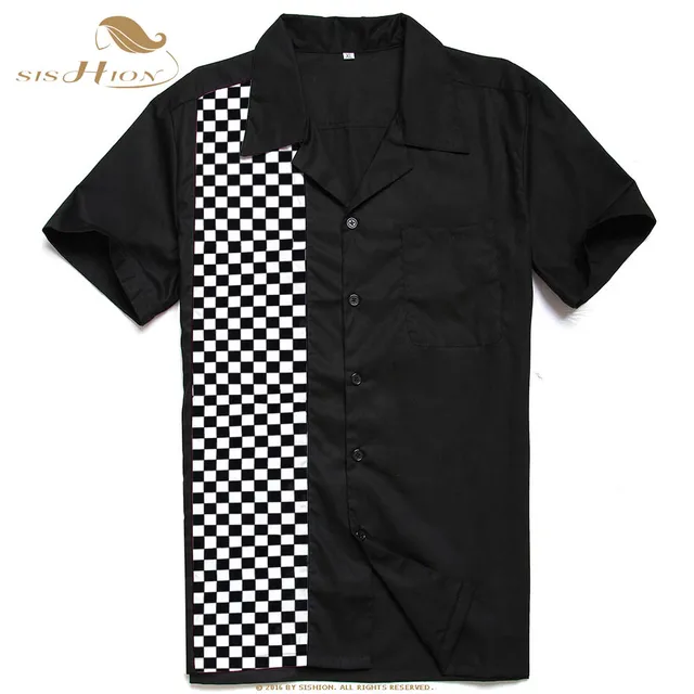 Cheap SISHION Mosaic Contrast Color Casual Men bowling Shirt ST110 Short Sleeve Black hemden herren man plaid check shirt cotton