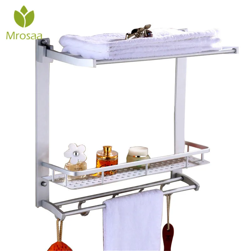 

Multi-function Aluminum Silver Wall Mounted Bath Towel Shelf Washcloth Towels Rack Holder With 5 Hooks 2/3 Layers Bathroom Parts