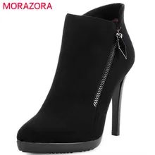 Morazora острый носок из флока; ботильоны на молнии для Модная женская обувь на платформе, Женские ботинки в весна-осень ботинки; женская обувь