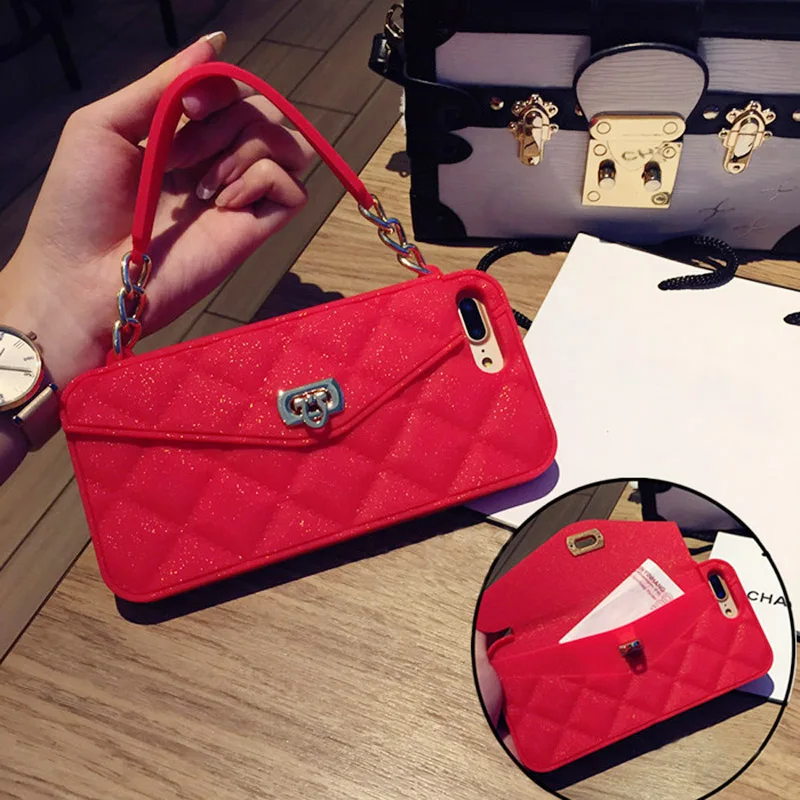 

Luxury Wallet Card Soft Silicon Phone Case Cover For Iphone XR XS MAX X 8 7 6 6s Plus Women Handbag With Pearl Chain Coque Gift