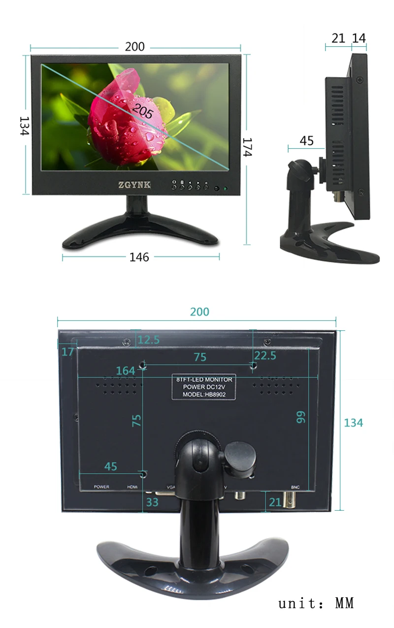 8 дюймовый BNC широкоформатный 1024X600 HD ЖК монитор 16:9 промышленный металлический