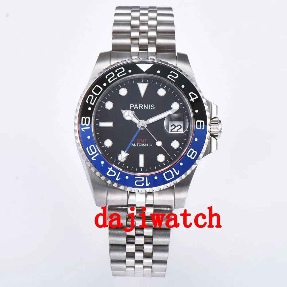 40 мм PARNIS черный циферблат черный/синий ободок сапфировое стекло ДАТА GMT автоматические мужские часы механические часы