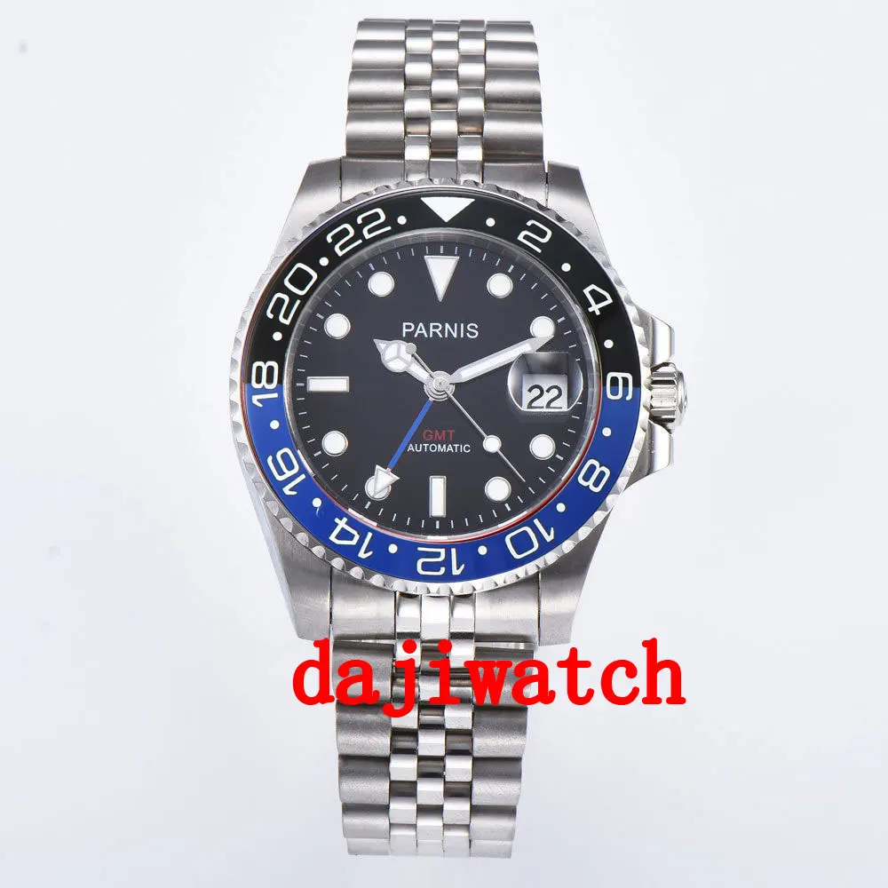 Moldura de Cristal Parnis Mostrador Preto Azul Safira Data Gmt Automático Relógio Masculino Relógios Mecânicos 40mm –