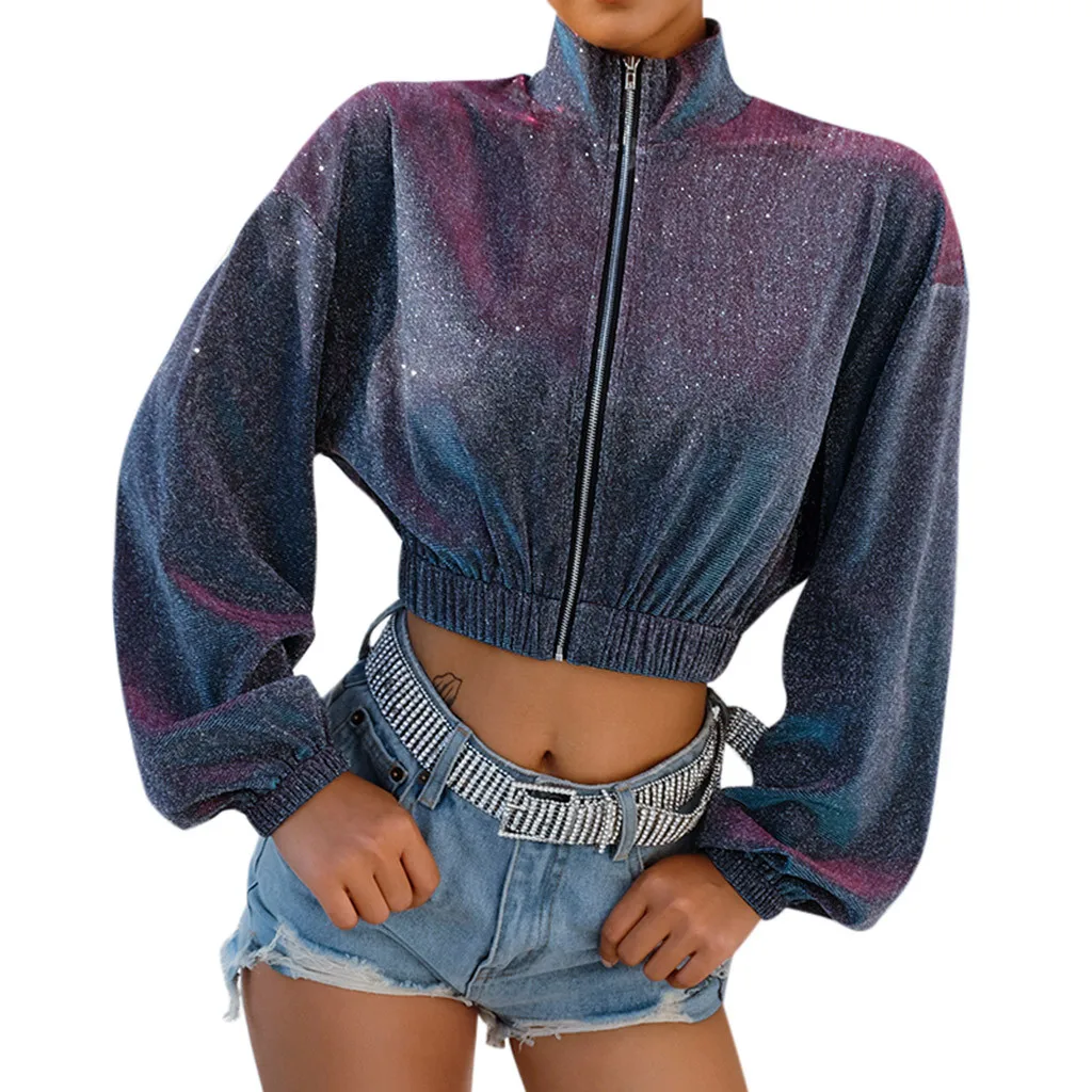 Spring women metallic jacket silver long sleeve high collar shiny windbreaker outerwear fashion hipster sexy club crop tops