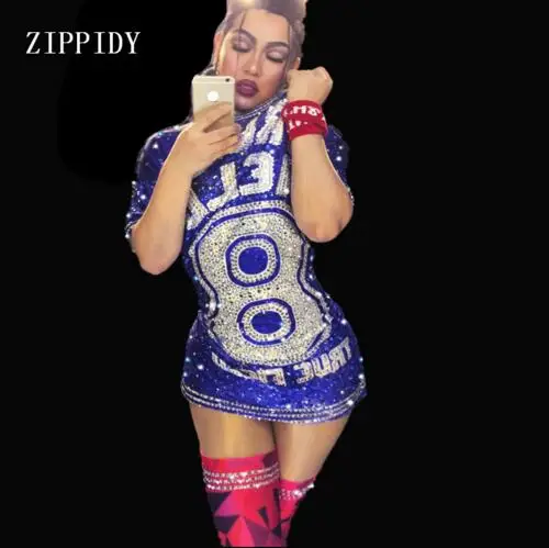

Sexy Blue Sparkly Rhinestones Nightclub Birthday Celebrate Costume Dance Stage Outfit Female Singer Stretch Evening Wear