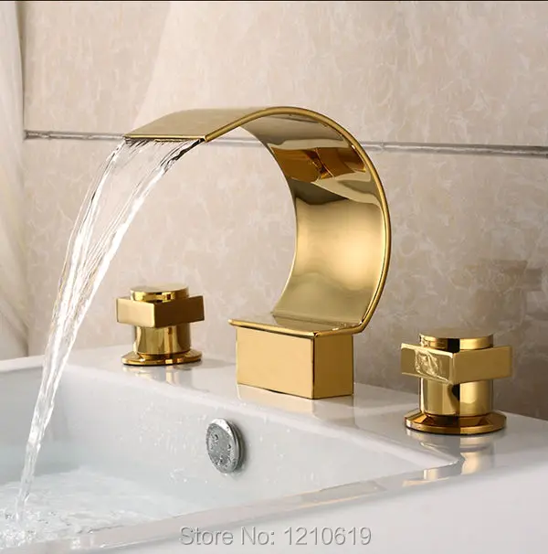 

Newly US Free Shipping Luxury Golden Polish Bathroom Sink Basin Faucet Vessel Tap Dual Handles Three Holes Mixer Tap Deck Mount