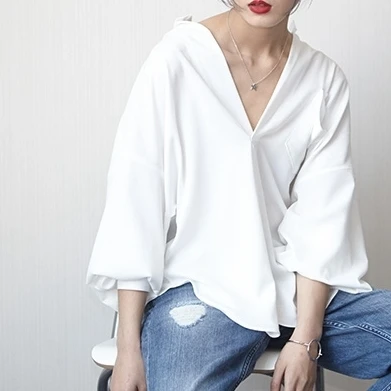 CHICEVER осенние женские футболки для женщин топ с рукавом летучая мышь свободные пуловеры с v-образным вырезом Chfffon футболка одежда мода корейский - Цвет: white