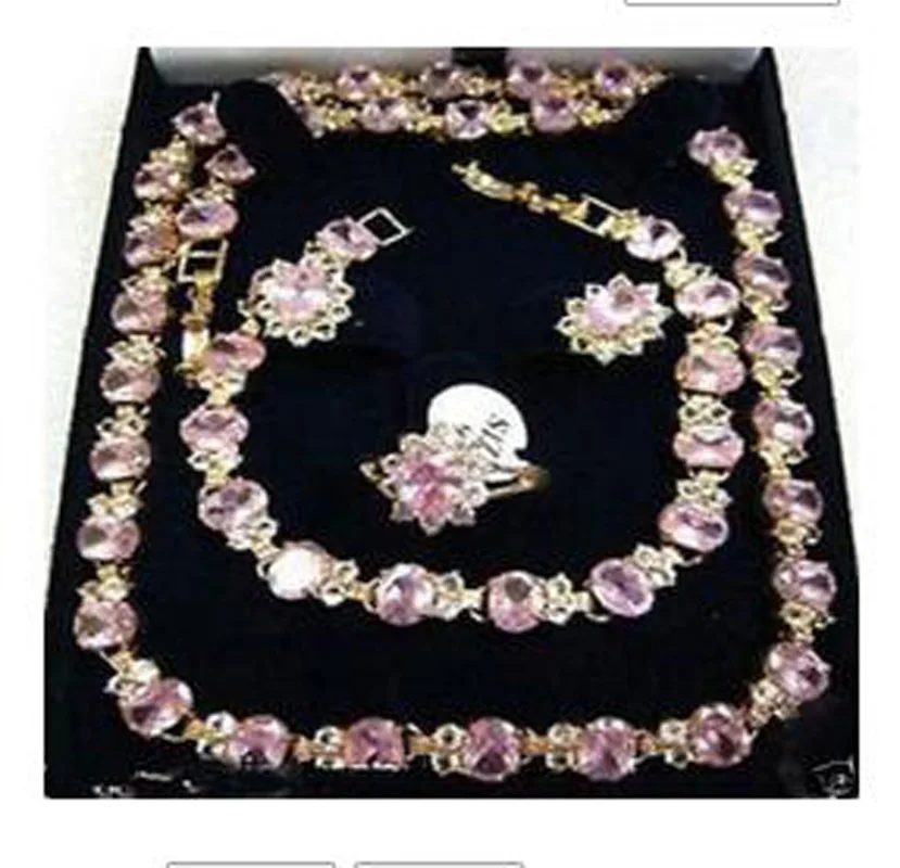 New Beautiful pink crystal necklace bracelet earring ring set AA265