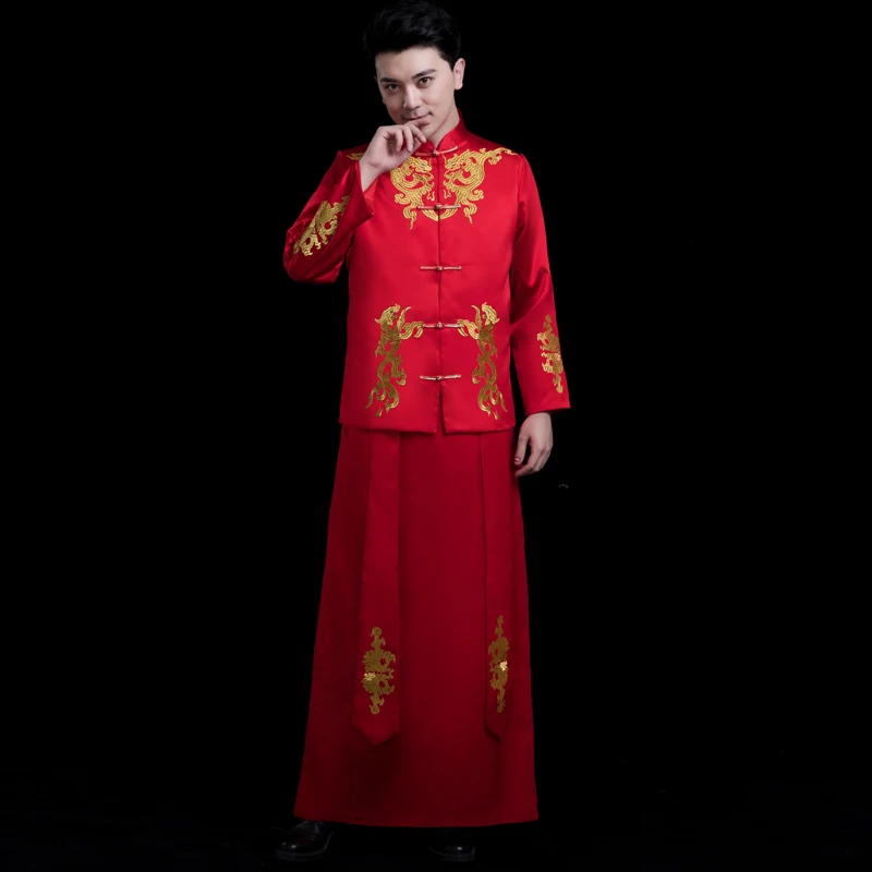 Традиционный красный китайский свадебная одежда Винтаж Жених Cheongsam Мужской hanfu вышивка Восточный Стенд воротник Тан костюм наборы