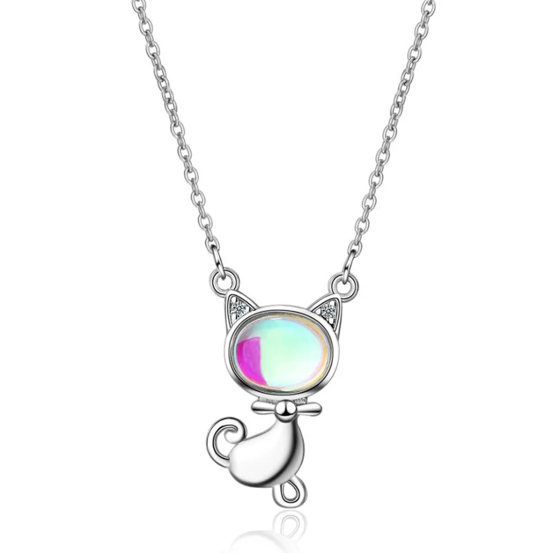 

RONERAI New 925 Sterling Silver Necklace For Women Jewelry Gifts Cute/Romantic Shiny Crystal Cat Necklace Girl Party Accessories