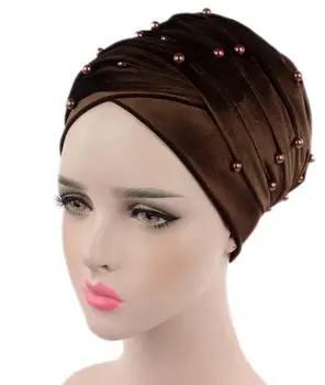 

Party Hats Velvet Pearl Turban Bonnet Tube Long Scarf Hat Hijab Hair Loss Chemo Headwear Pleated Long Head Wrap Hijab Cap gift