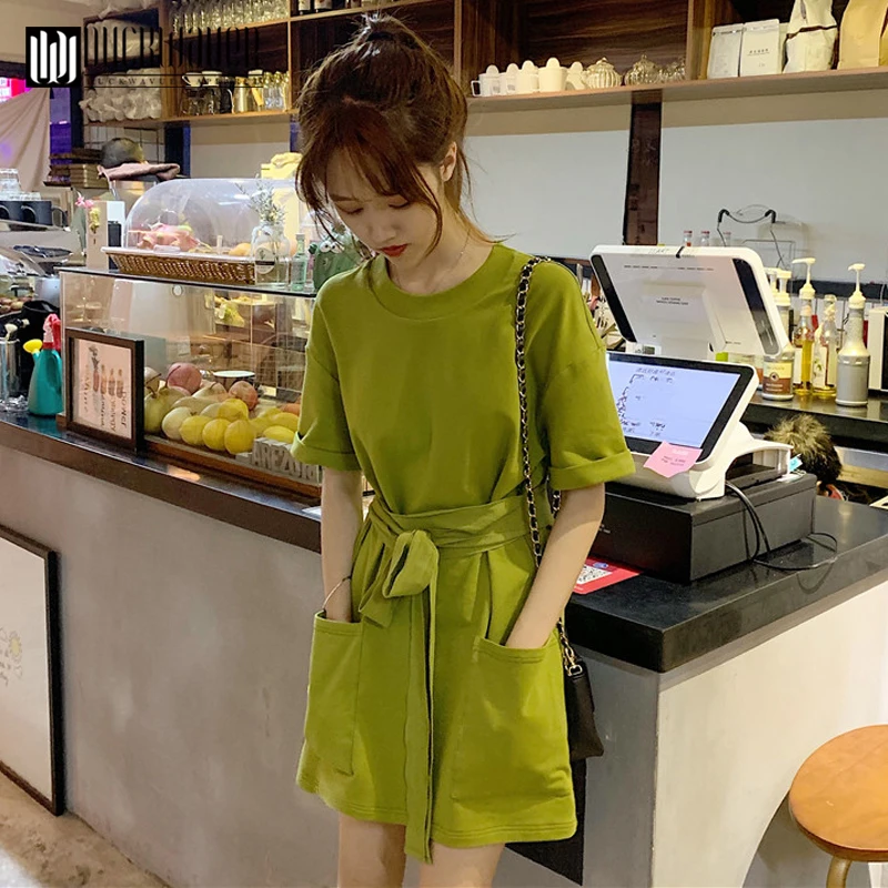 

Duckwaver 2019 Summer New Super Hot Slim Waist T-Shirt Dress Women Straps Pocket Short Sleeve Dress Female Pullover Dress