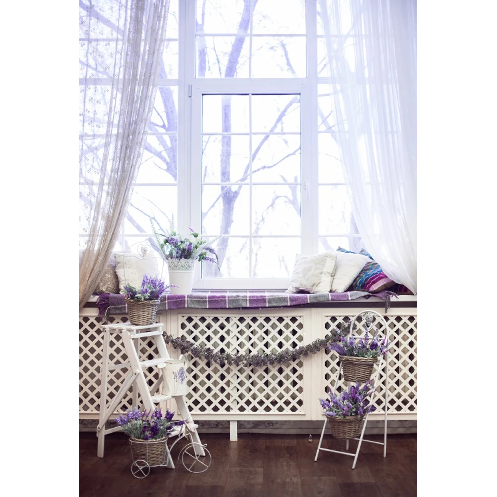 

Laeacco White Window Curtain Screen Flower Shelf Child Portrait Interior Photo Backgrounds Photography Backdrops Photo Studio