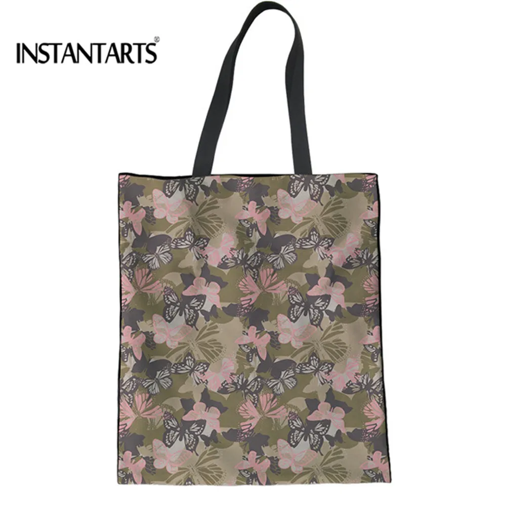 

INSTANTARTS Canvas Handbag for Women Casual Ladies Shopping Bags Fashion Butterfly Pattern Shoulder Bag Personalized Beach Bags