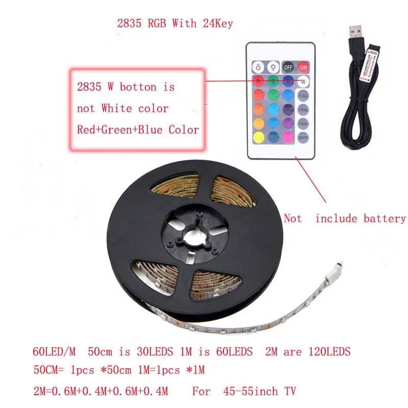 2835 5050 SMD RGB USB зарядное устройство Светодиодная лента DC 5 V usb-кабель светодиодный светильник гибкая лента 1 м 2 м RF ИК RGB пульт дистанционного управления - Испускаемый цвет: 2835RGB With 24KEY