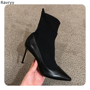 

Elastic Knitting Woman Ankle Boots Autumn winter fashion Black Short Boot Thin Heel Pointed Toe Patchwork Female Party Shoes