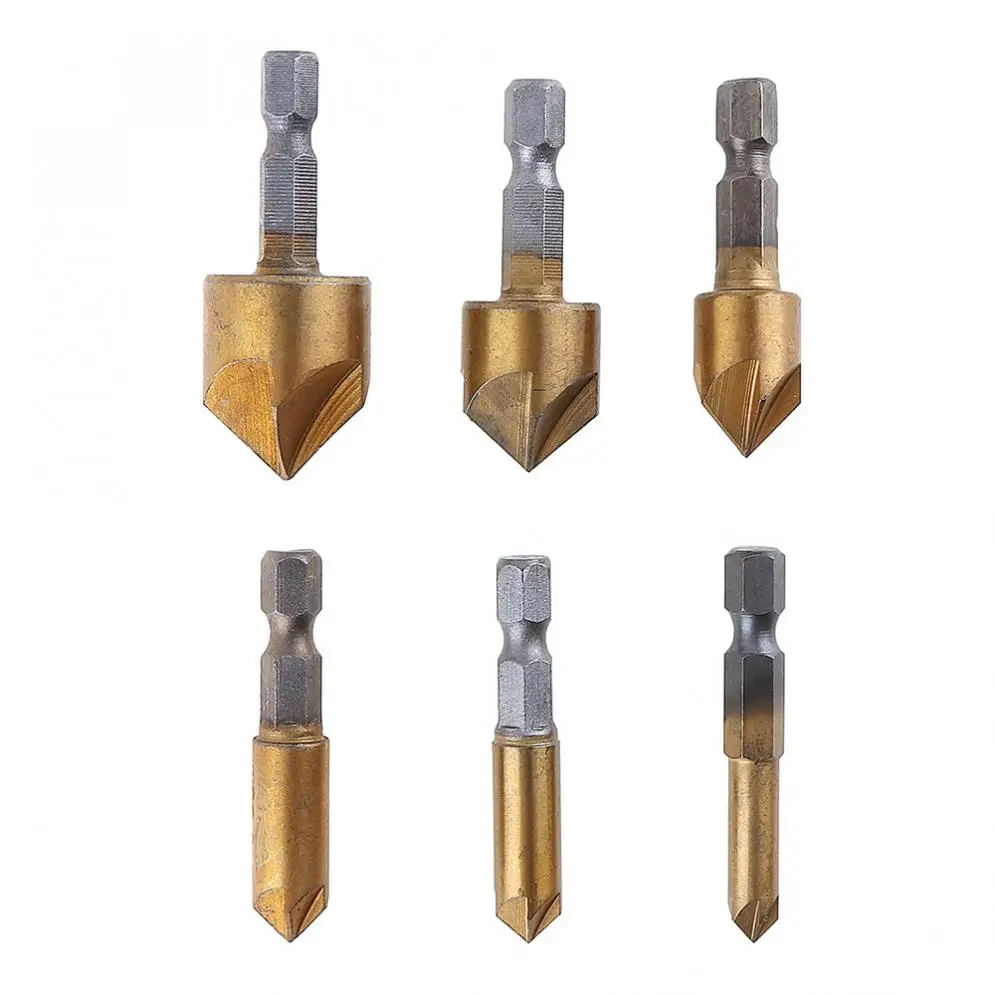 

6pcs/lot 5 Flute Chamfer Countersink 1/4" Hex Shank HSS Wood Chamfering Cutter Chamfer 6mm-19mm Countersink Drill Bit