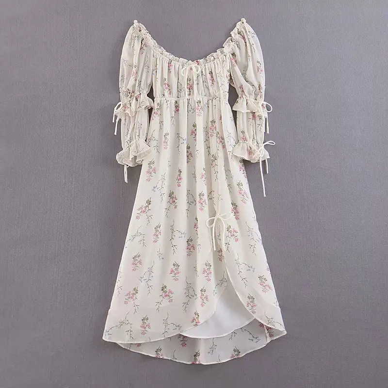 

Vintage Floral Print Puff Sleeve Two Forms of Wear Dress Stylish Women Lace-Up Asymmetrical Long Dresses Casual Vestidos