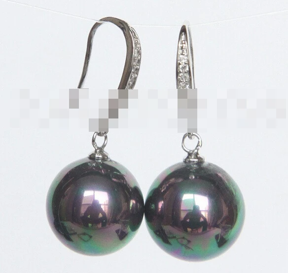

FREE SHIPPING>>> shitou 00212 Dangle 14mm round peacock black south sea shell pearl Earrings 925 silver