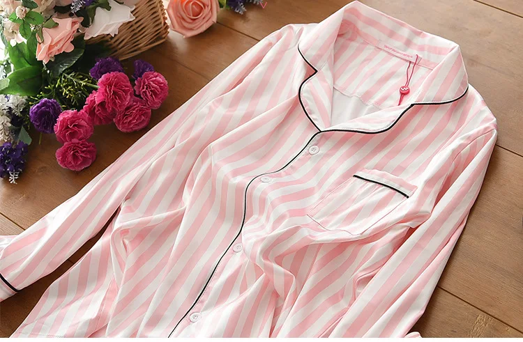 Новинка, Весенняя сексуальная пижама с длинным рукавом из искусственного шелка, модная розовая полоска, женские пижамные комплекты, простая мягкая женская домашняя одежда, пижамный комплект
