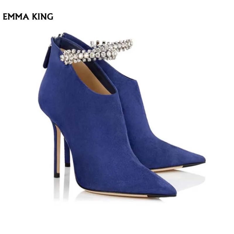 

2019New Navy Pointed Toe Suede Ankle Boots Women Booties with Crystal Strap Women High Heels Dress Wedding Shoes Woman plus size