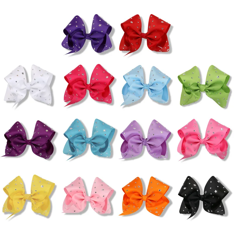 98pcs/lot 8" Large Hair Bows with Clips Print Star Rhinestone Bow for
