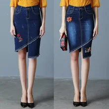 Брендовые женские винтажные джинсовые юбки с цветочной вышивкой, асимметричные высококачественные повседневные женские юбки до колена, большие размеры