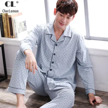 

CherLemon Mens 100% Premium Cotton Printed Sleepwear Autumn Turn Down Collar Long Sleeve Pajama Sets Male Plus Size Homewear