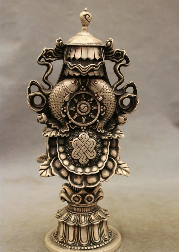 

S4351 10" Chinese Silver Buddhism Vajra Auspicious Symbol JiXiang Fish Statue Set D0317