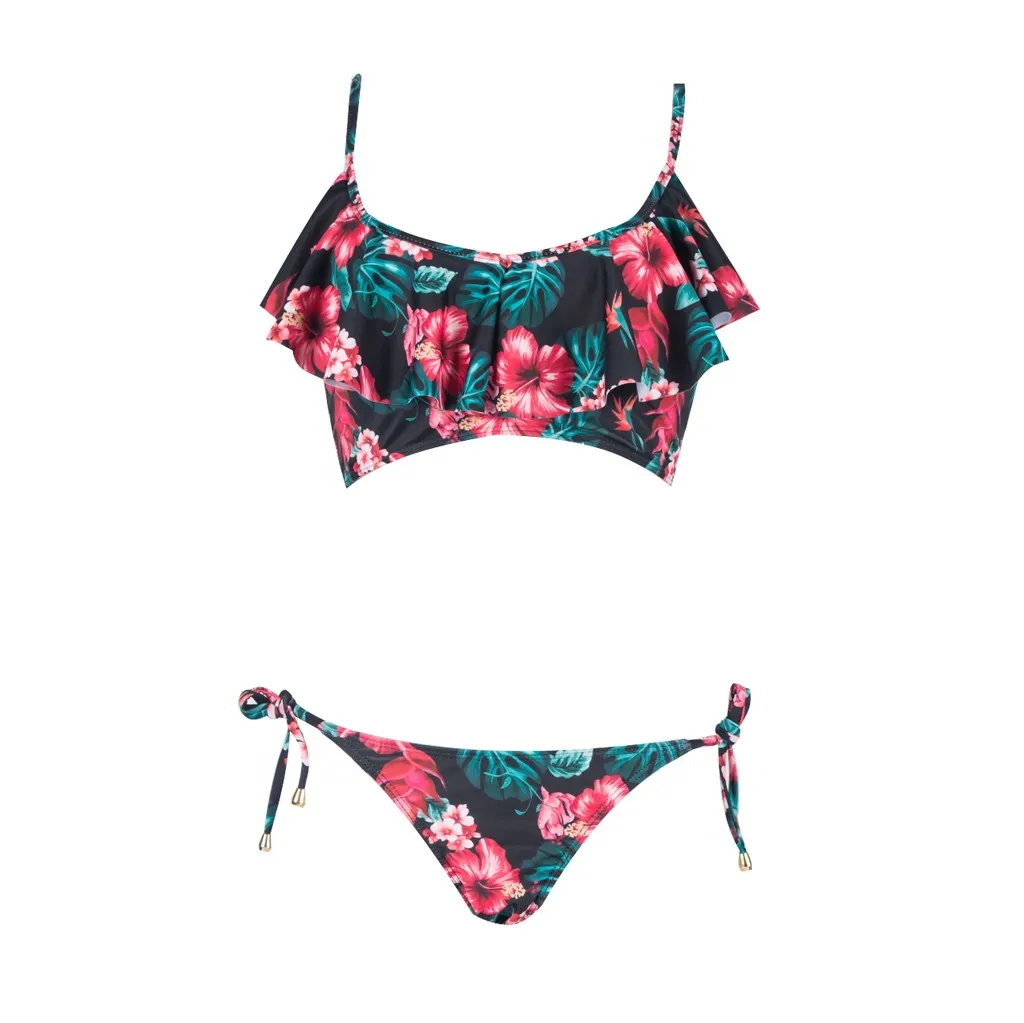 

Print Ruffles Two Piece Sexy Split Adjustable Swimsuit Bikini Swimsuit Beachwear Bodysuits Hanging Neck Bademode Frauen